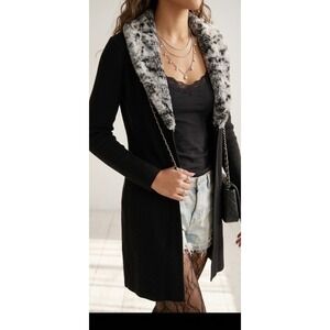 Y2K Cache Black Knit Maxi Duster Cardigan Small Faux Fur Collar Long Bratz Glam
